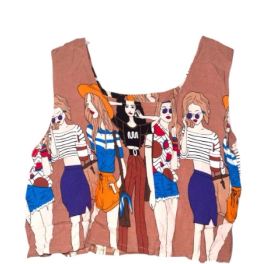 Women’s Rust Graphic Crop Tank Top with Multicolor Print